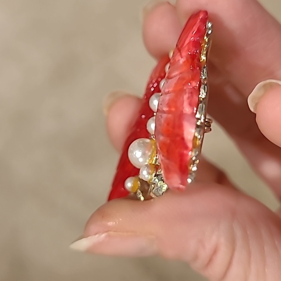 Butterfly brooch red & goldtone Pearls - Picture 7 of 7